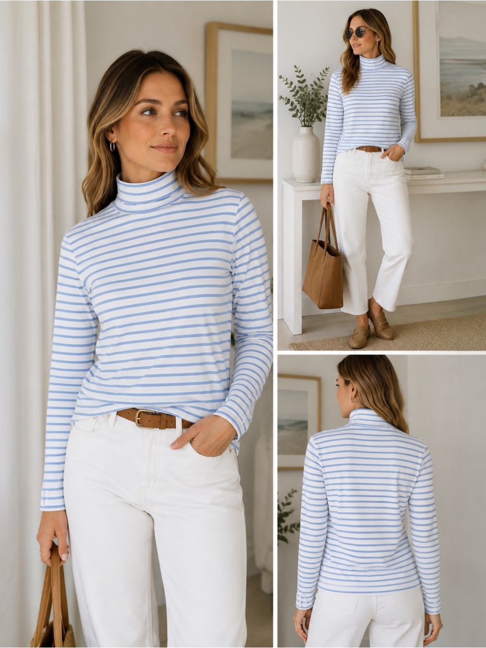 Renwick Women XL Pima Cotton Striped Turtleneck Top Periwinkle White Stretch